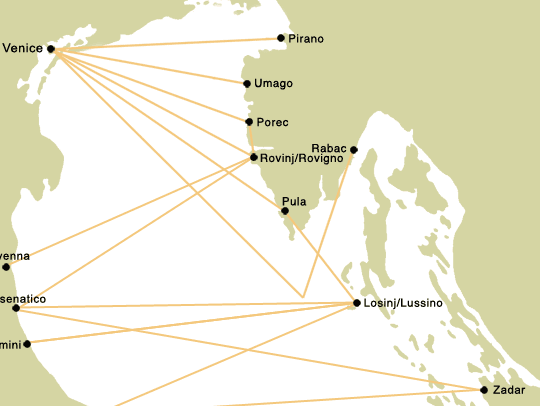 Mapa de ferry del norte del Adriático